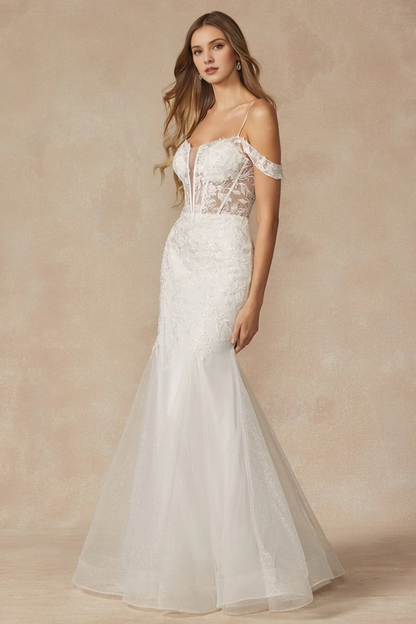 Embroidered long white off shoulder wedding dress