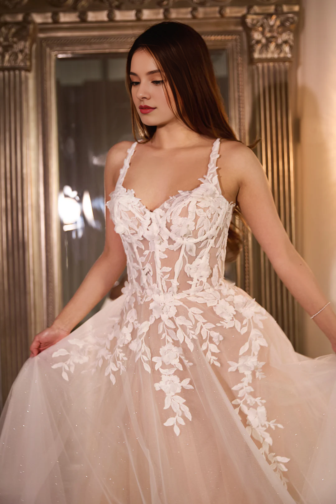 Lace applique long sleeveless tight corset wedding dress