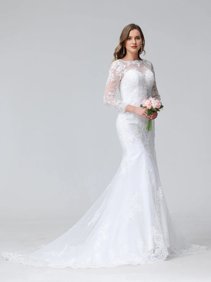 Horn fish tail long sleeved embroidered lace wedding dress