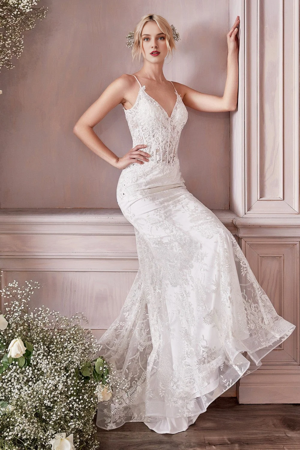 Sleeveless full body lace fishtail wedding dress