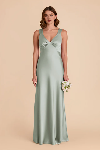 A-line skirt with crossed back and deep V-shaped matte satin bridesmaid dress