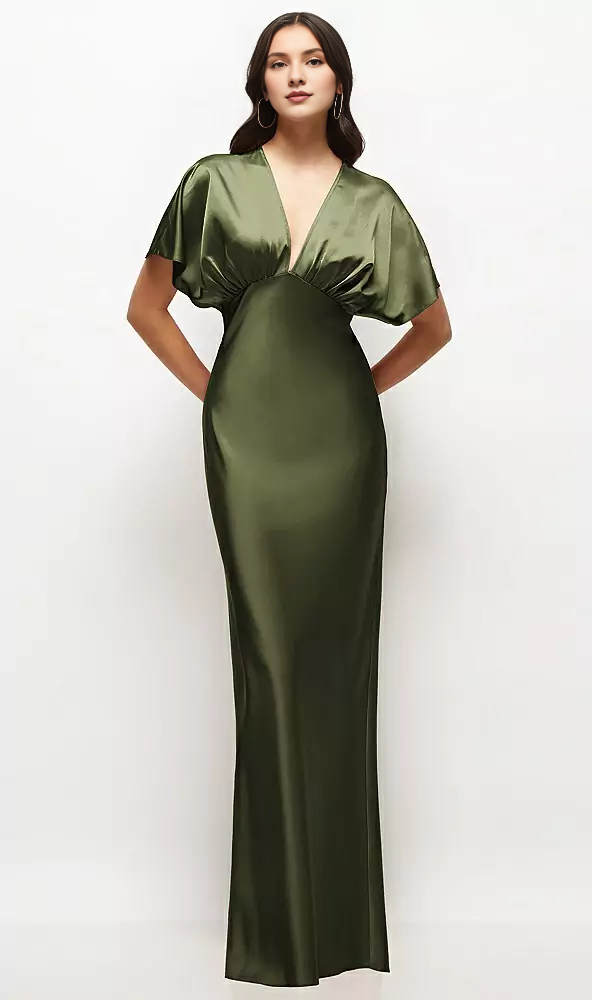 Deep V-neck kimono sleeves twill satin long bridesmaid dress