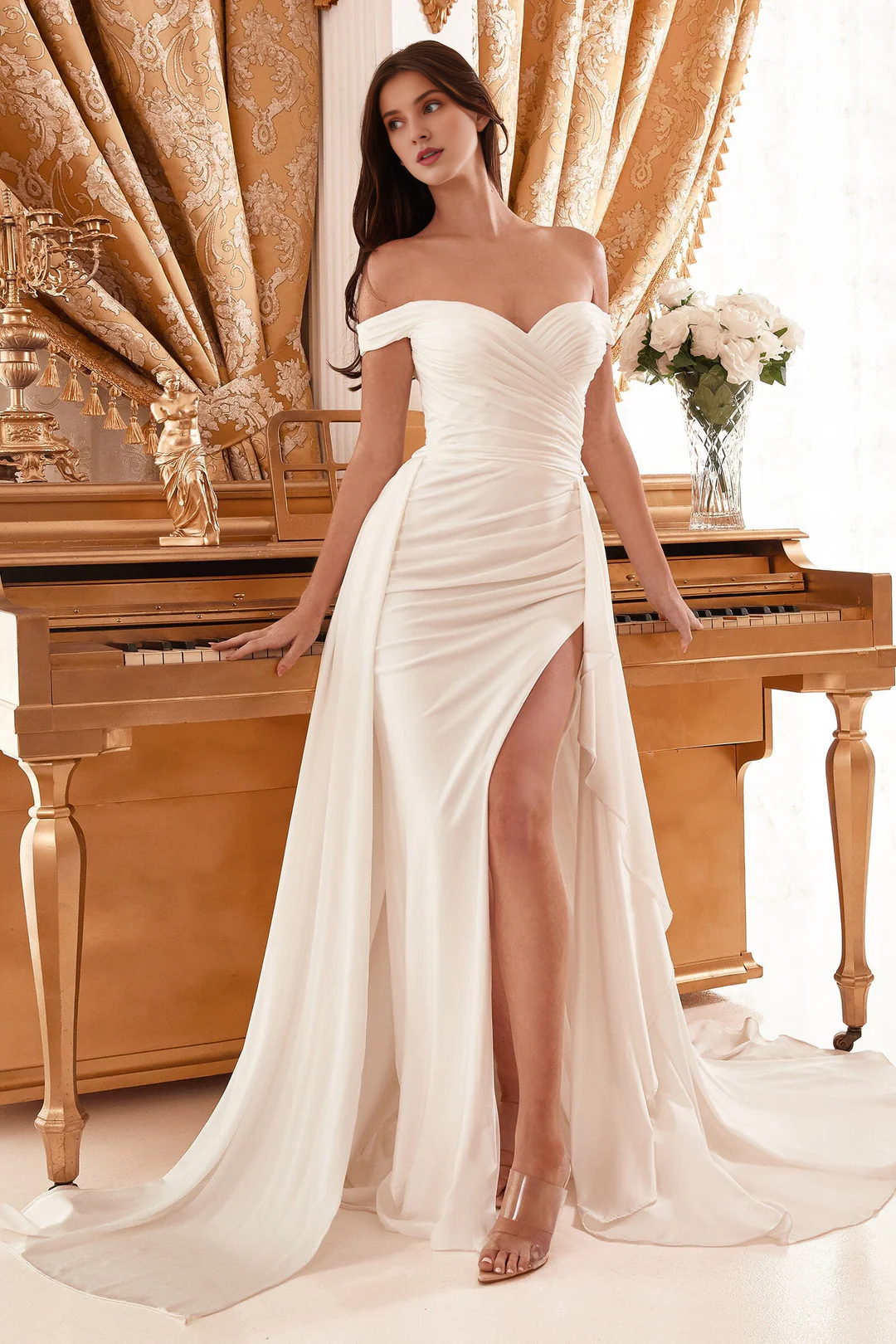 Pleated long off shoulder wedding dress