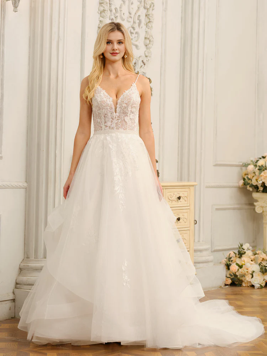 Thin shoulder strap with applique beads V-neck sleeveless long wedding dress