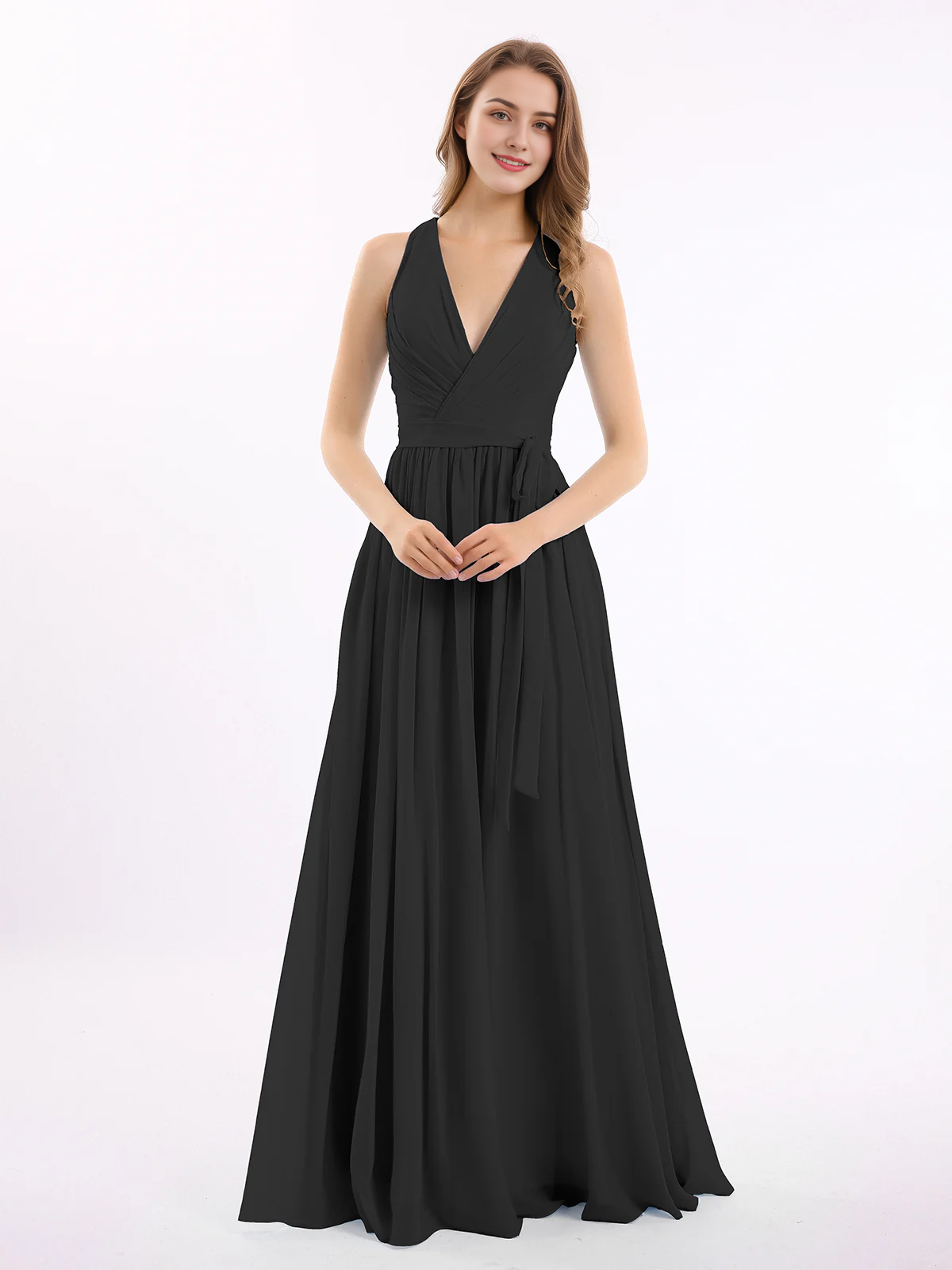 Deep V-neck belt bow chiffon dress