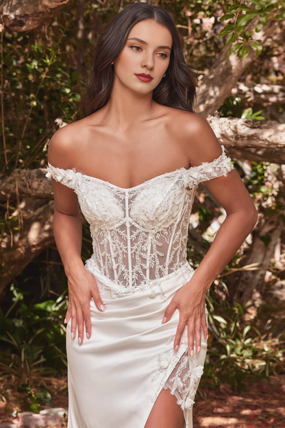 3D floral white long off shoulder wedding dress