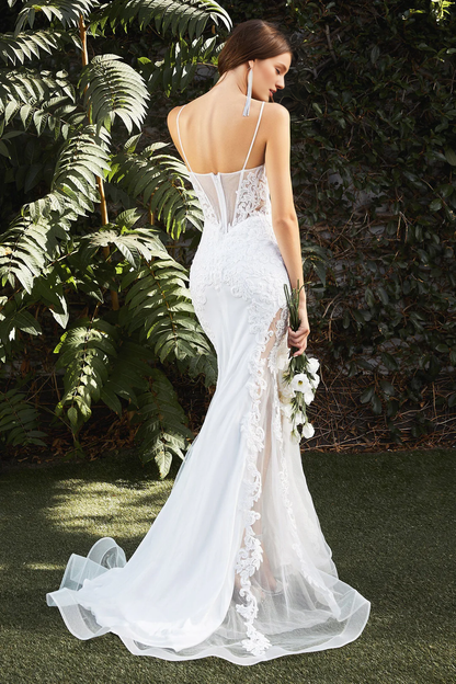 Lace applique sleeveless fishtail wedding dress