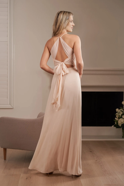 Polyester chiffon slim fit trumpet V-neckline backless neckline thin shoulder strap bridesmaid dress