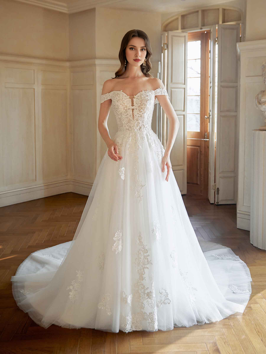 Elegant off shoulder A-line ultra long lace wedding dress