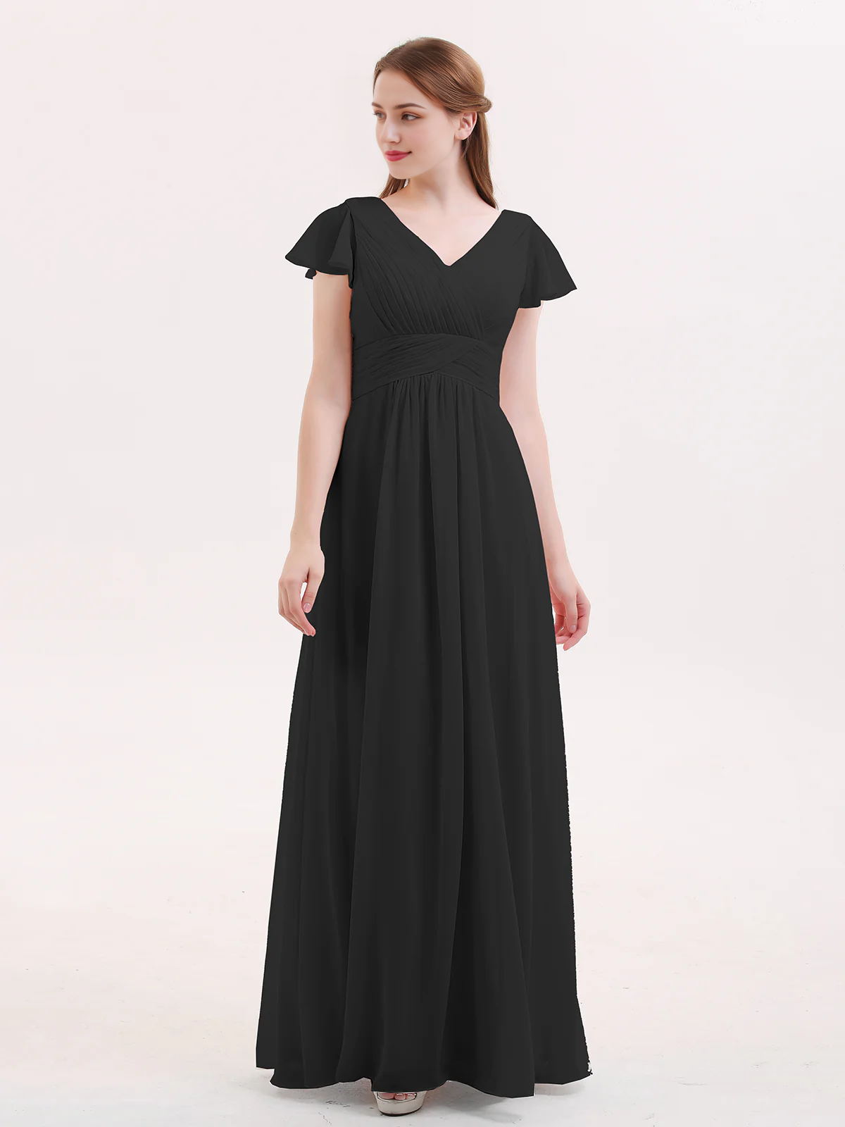 Hooded chiffon bridesmaid dress with long sleeves