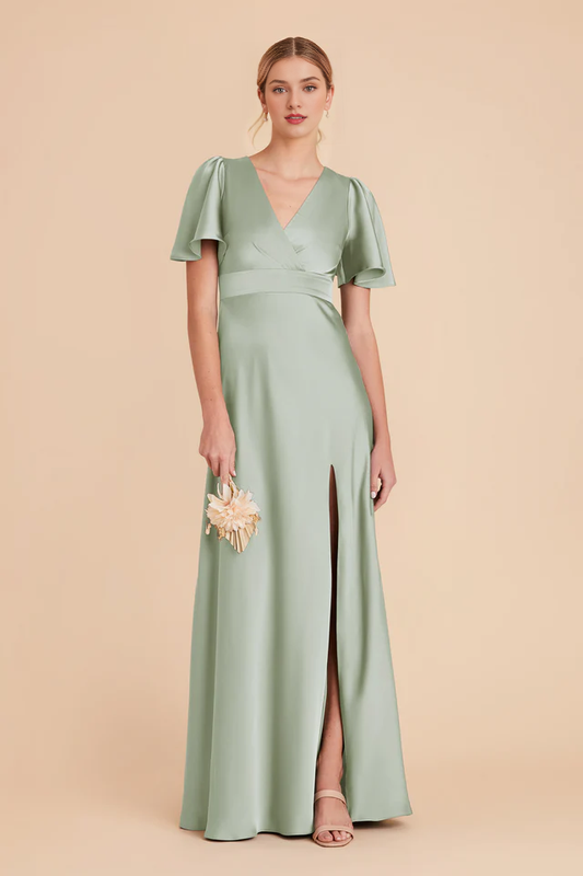 A-line V-neck cross ruffle sleeves satin slit bridesmaid dress