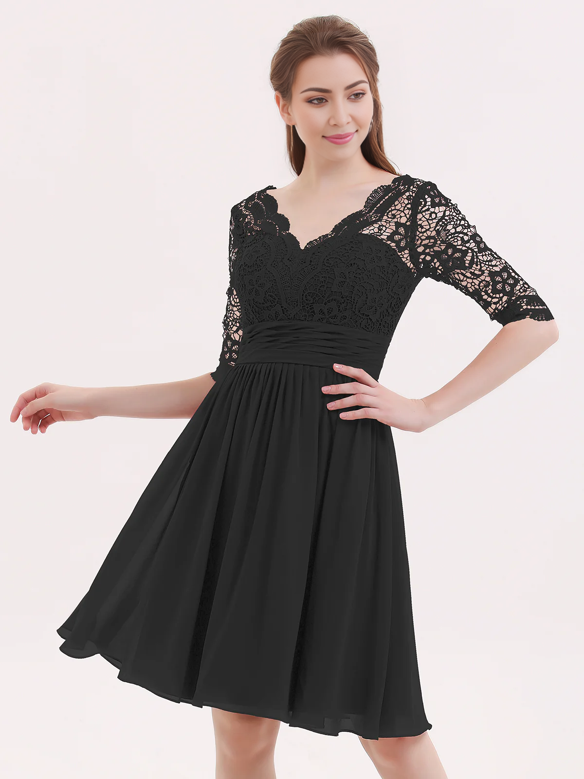 Lace chiffon five quarter sleeve short dress