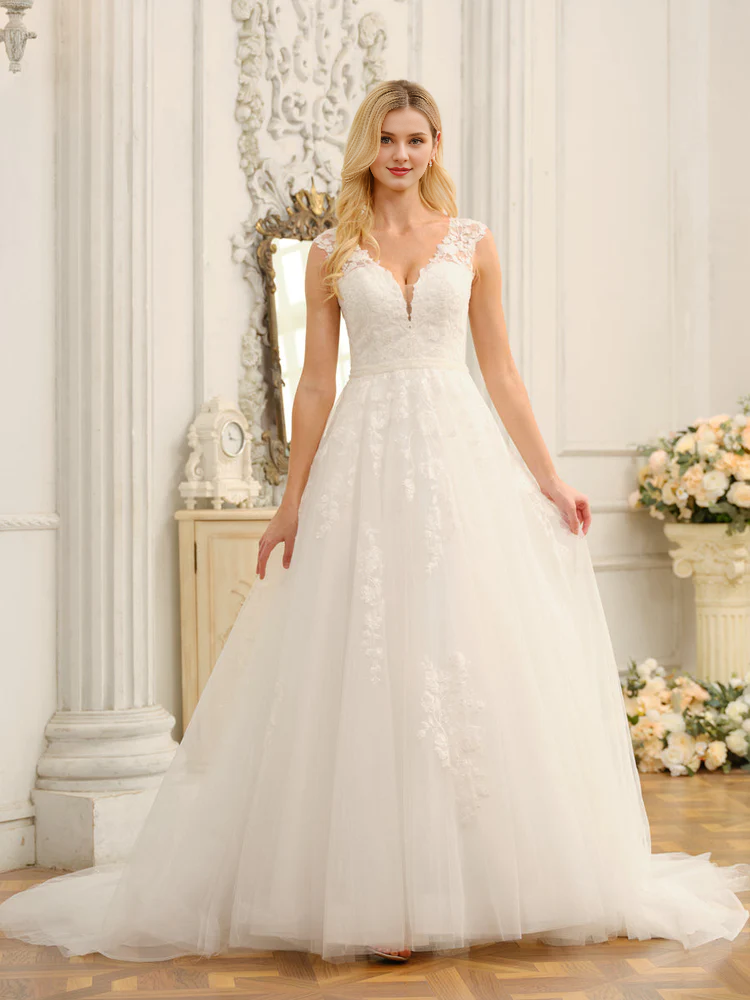 V-neck sleeveless applique and beaded long wedding dress