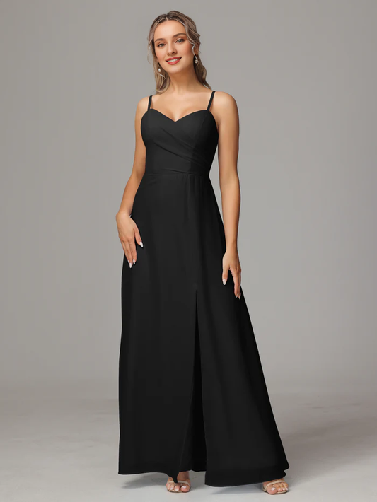 Thin shoulder strap sweetheart chiffon slit bridesmaid dress