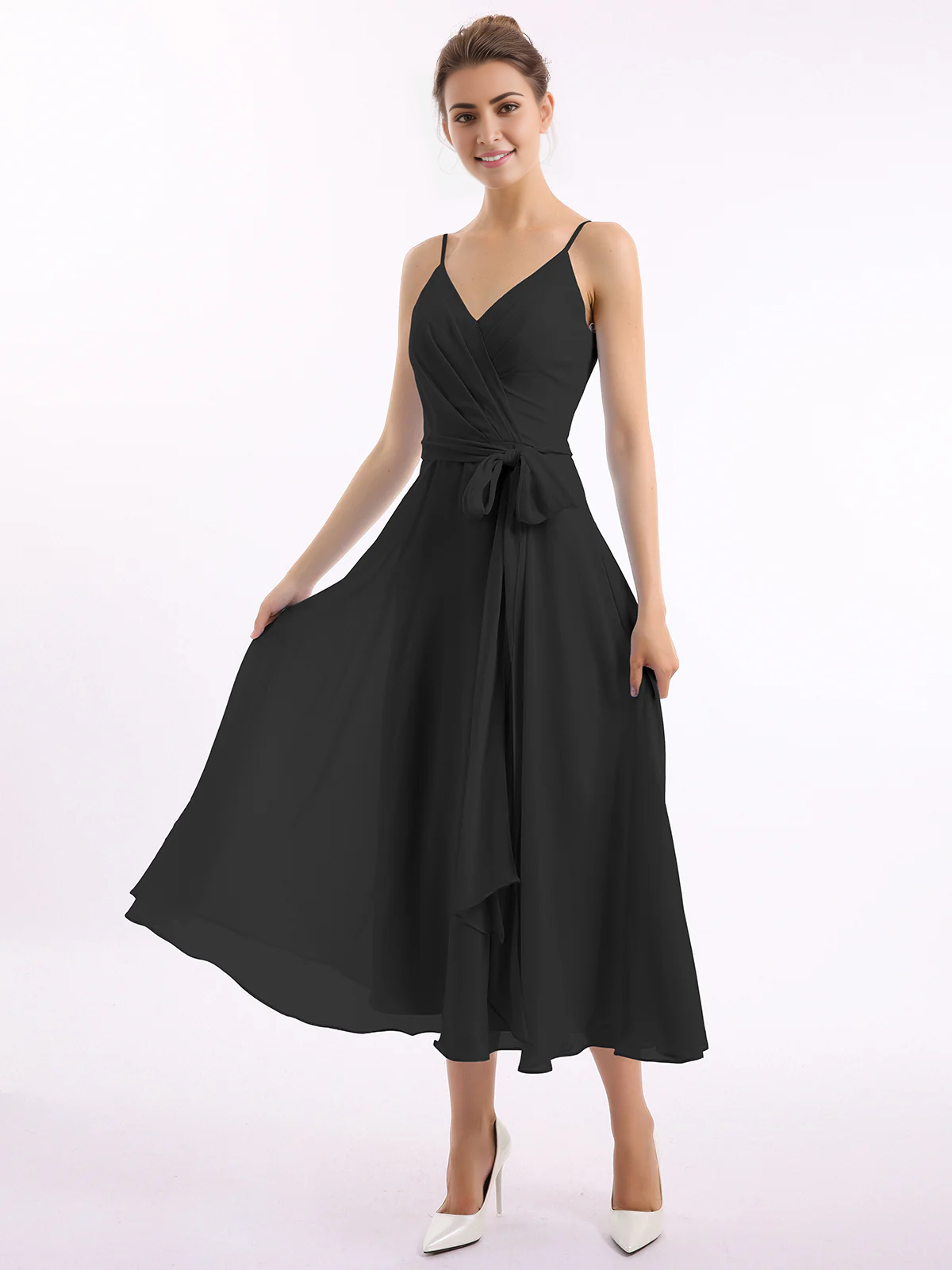 Belt bow thin shoulder strap long dress