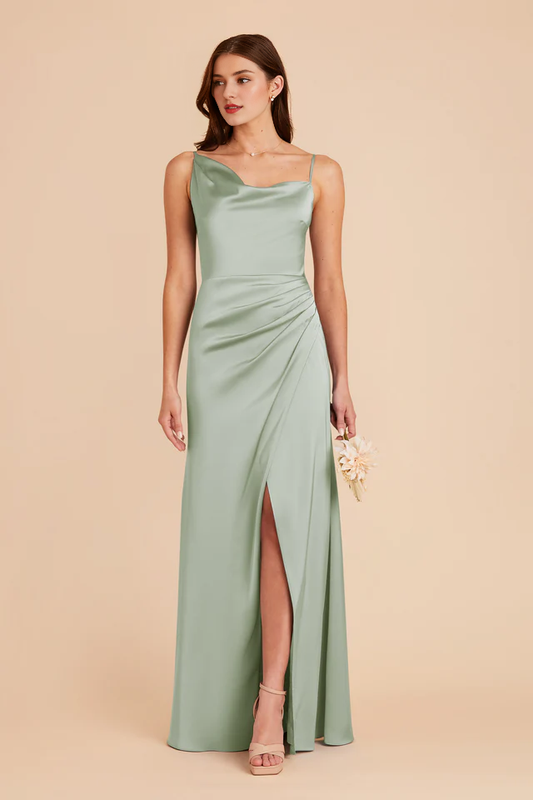 Asymmetric collar satin pillar wrapped slit bridesmaid dress