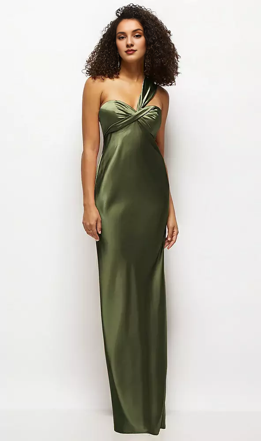 Satin twisted pattern strapless one shoulder twill extra long bridesmaid dress