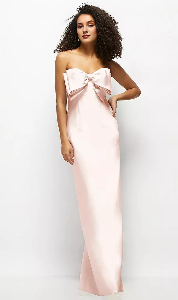 Handmade oversized bow strapless satin long bridesmaid dress