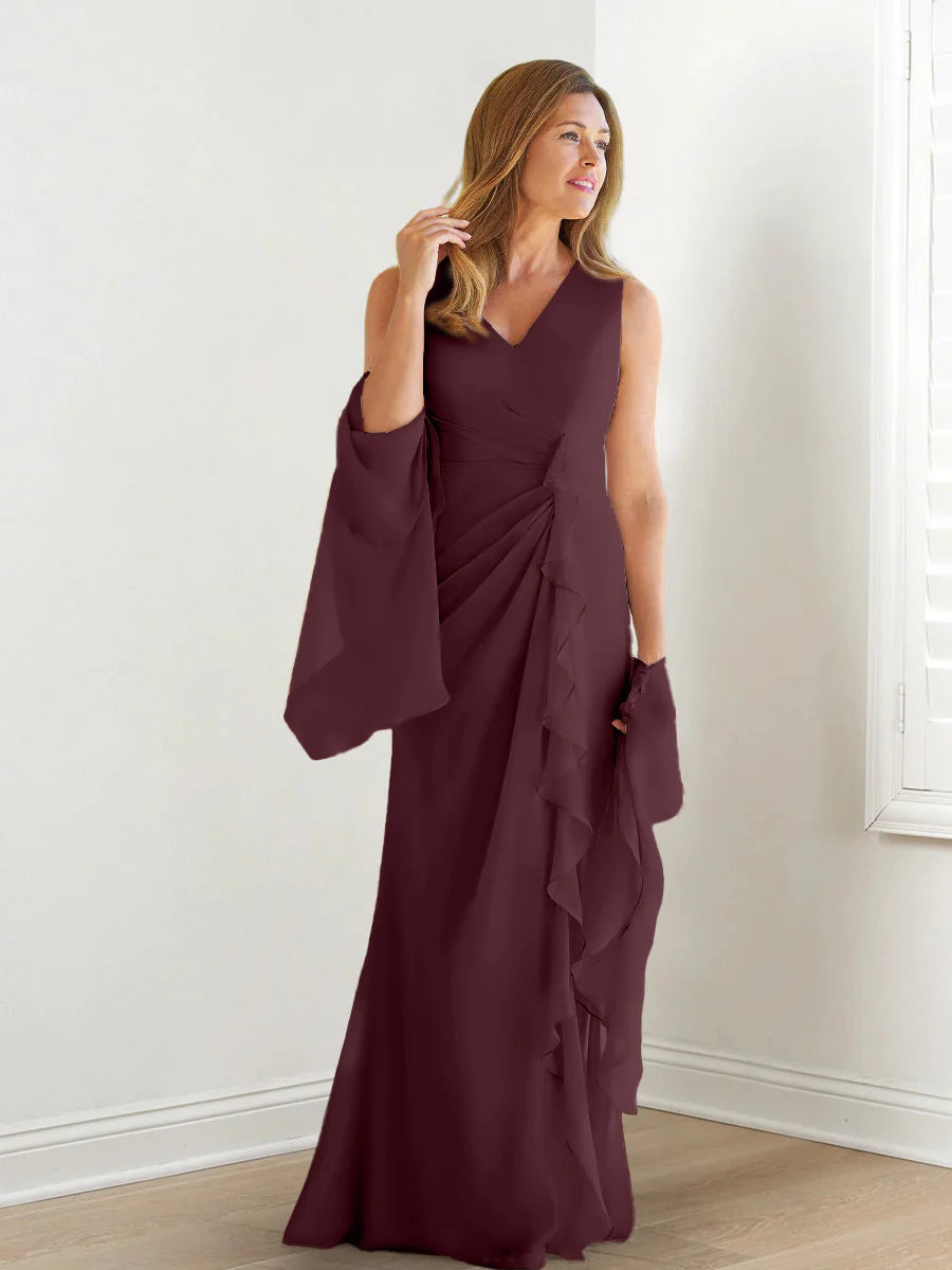 Wrap body/column V-neck sleeveless wrap body mother of the bride dress