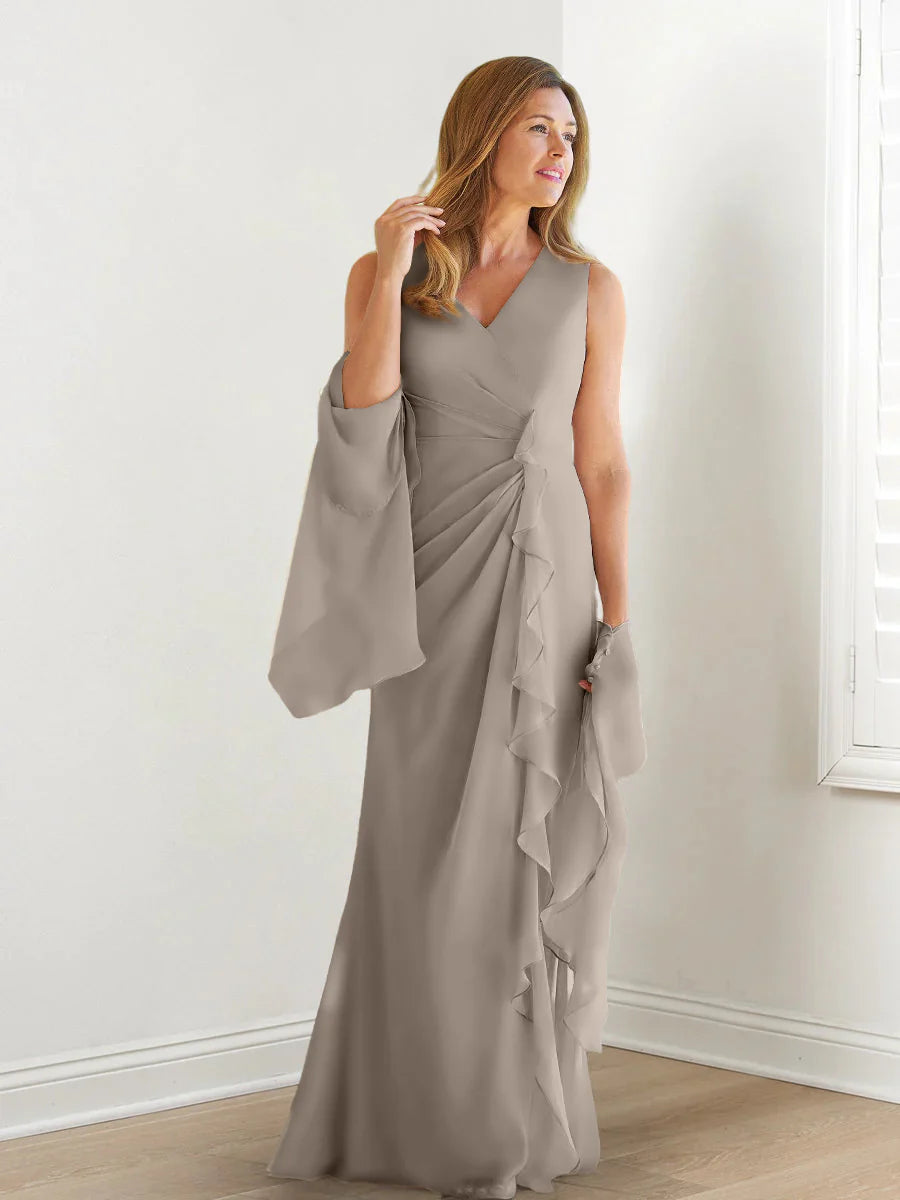 Wrap body/column V-neck sleeveless wrap body mother of the bride dress