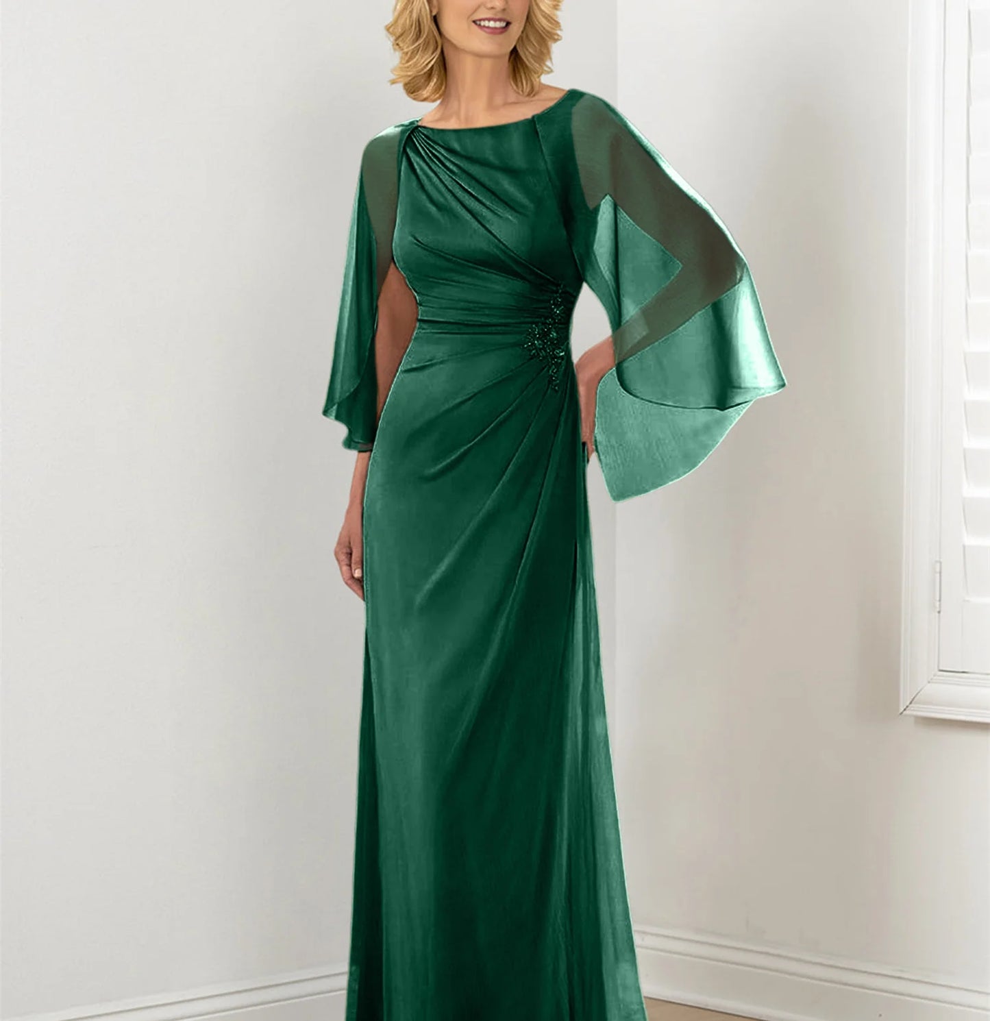 Pleated slim fit/pillar round neck mother of the bride dress