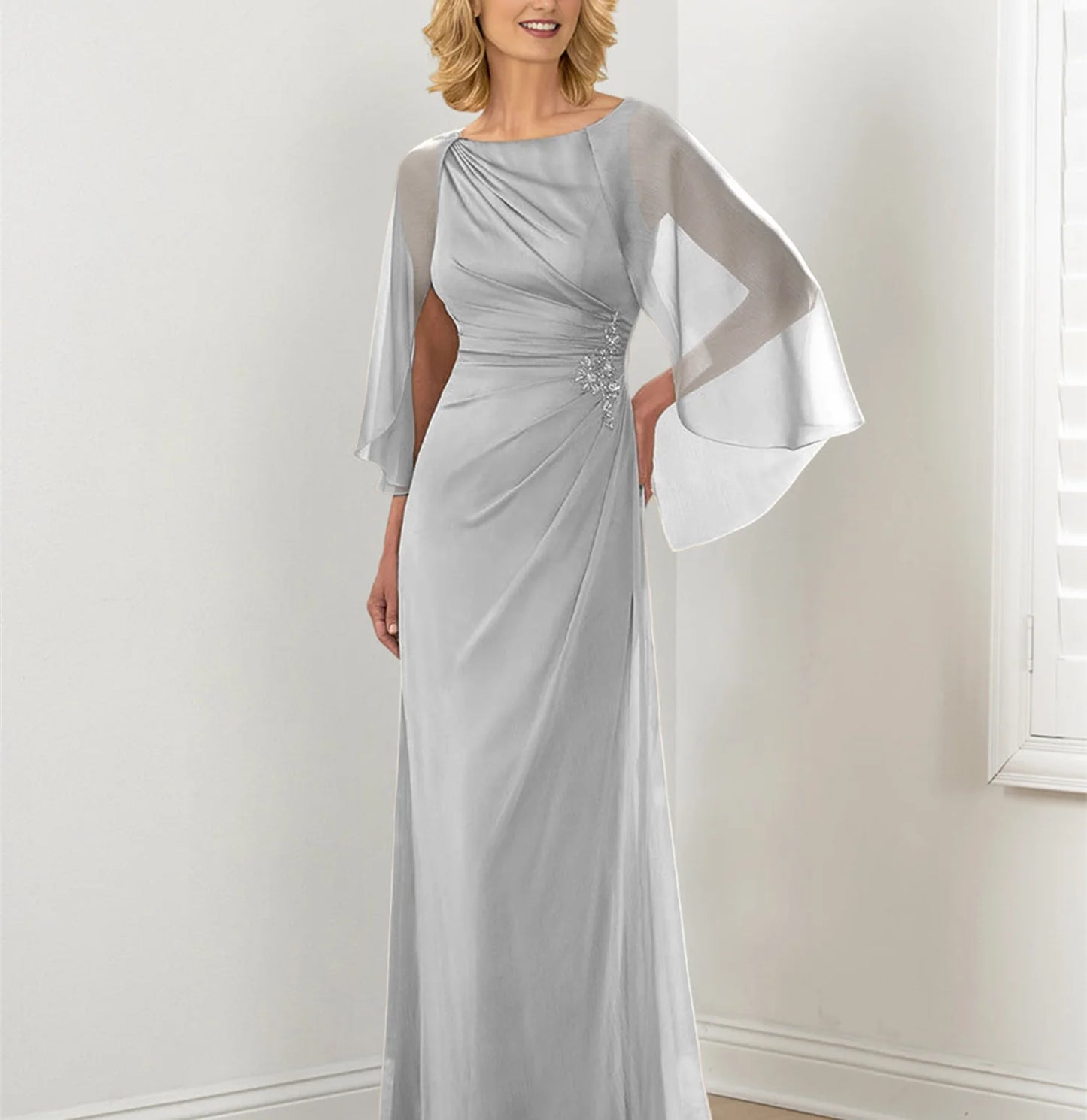 Pleated slim fit/pillar round neck mother of the bride dress