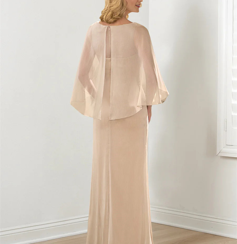 Pleated slim fit/pillar round neck mother of the bride dress