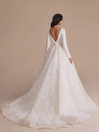 Long sleeved V-neck A-line backless lace wedding dress