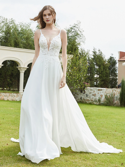 Deep V-neck decal A-line wedding dress