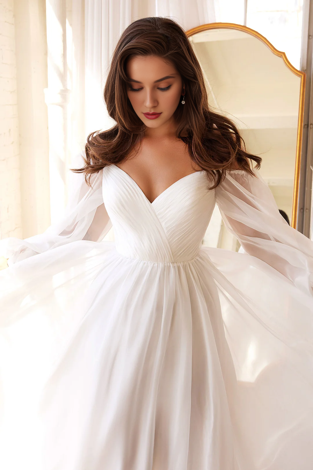 White long sleeved chiffon wedding dress