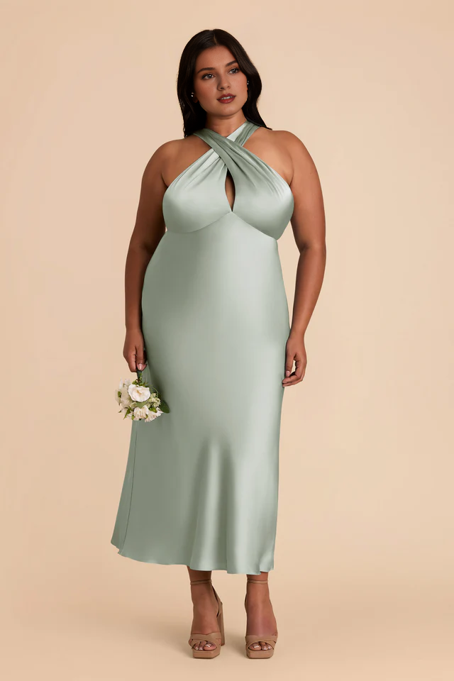 Rear tie neck matte satin and ankle length bridesmaid dress