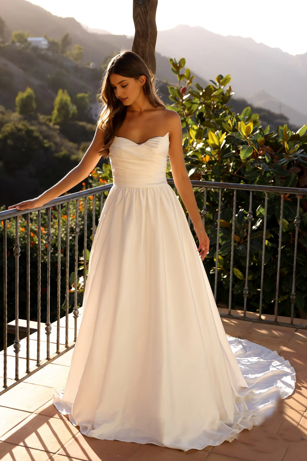 Long strapless A-line wedding dress