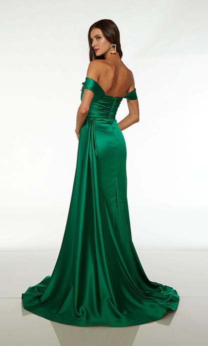 Satin off shoulder collar slim fit evening gown with flared front slit long formal dress