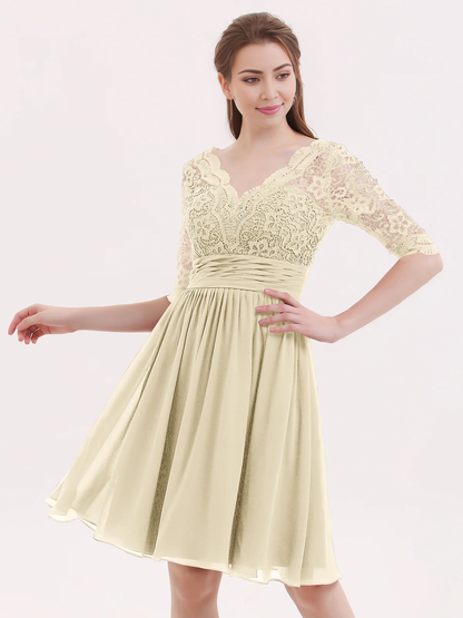 Lace chiffon five quarter sleeve short dress