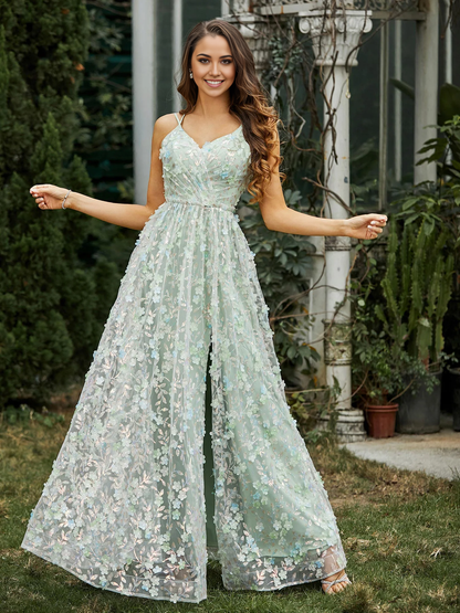 V-neck decal flower slit Prom dress