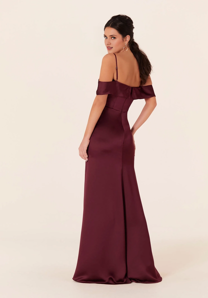 Thin shoulder strap satin off shoulder collar front skirt slit bridesmaid dress