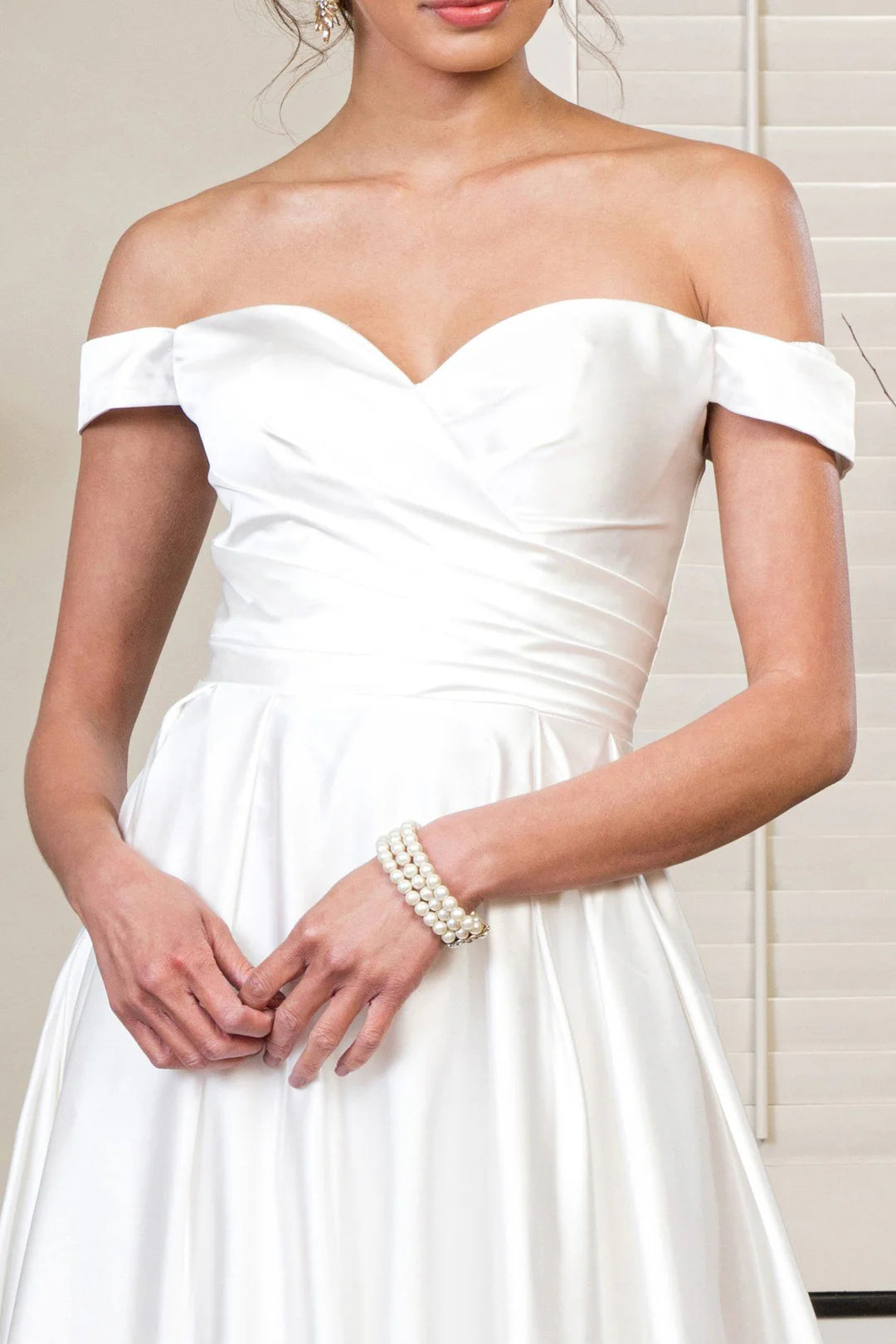 Long off shoulder satin wedding dress