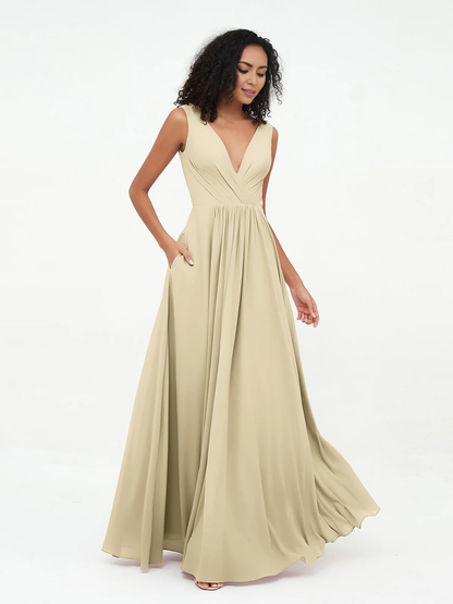 V-neck chiffon long pocket dress