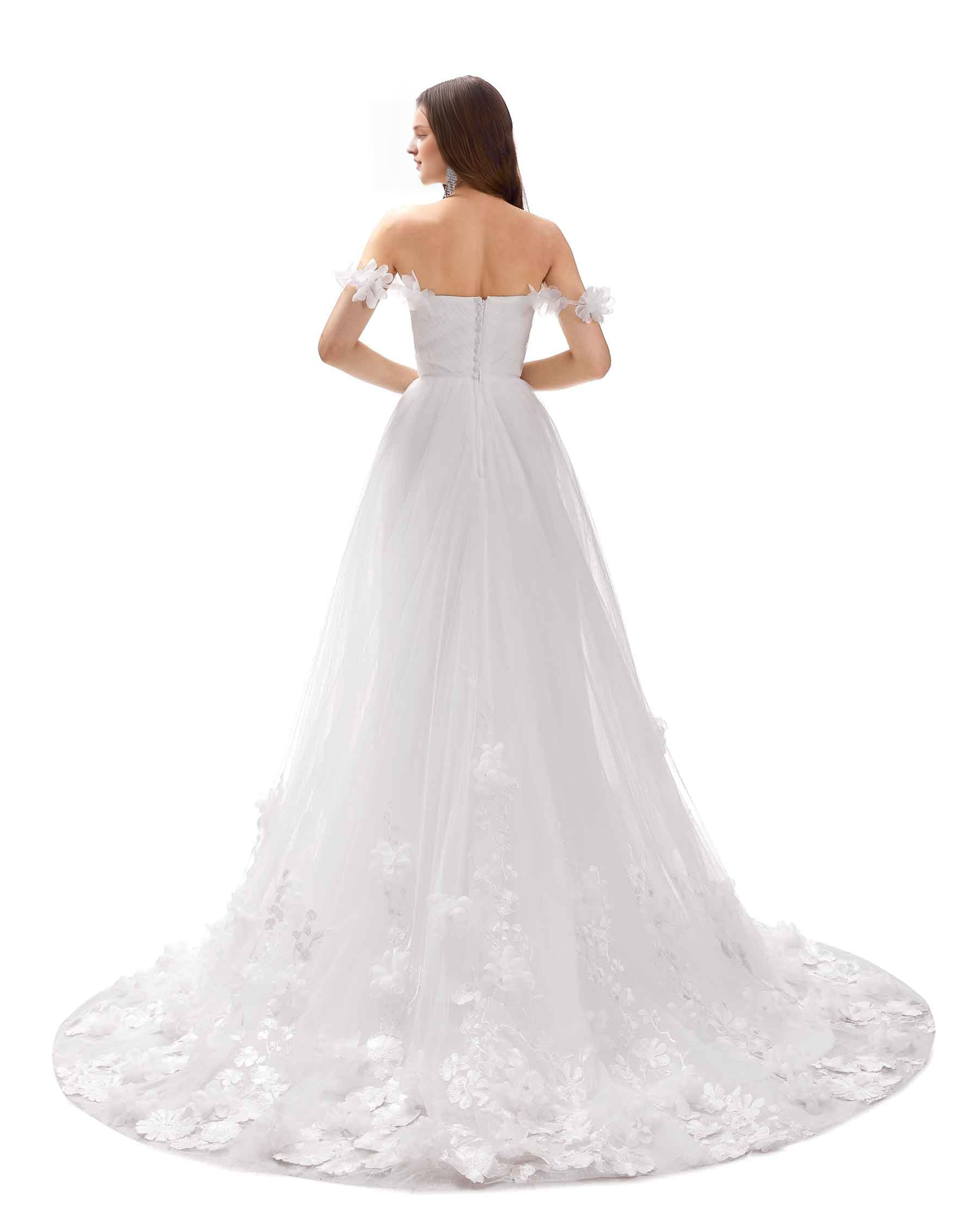 Gorgeous A-line off shoulder V-neck extra long floral lace wedding dress