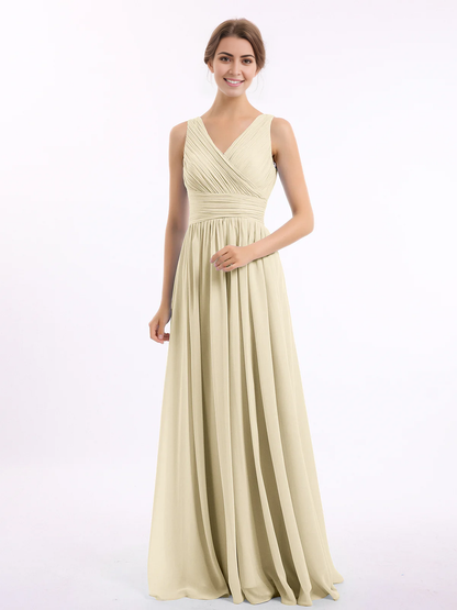 V-neck and floor chiffon dress