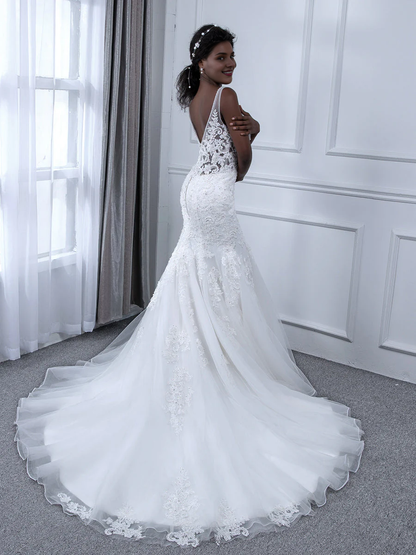 V-neck sleeveless beaded applique sequin sheer fishtail wedding dress