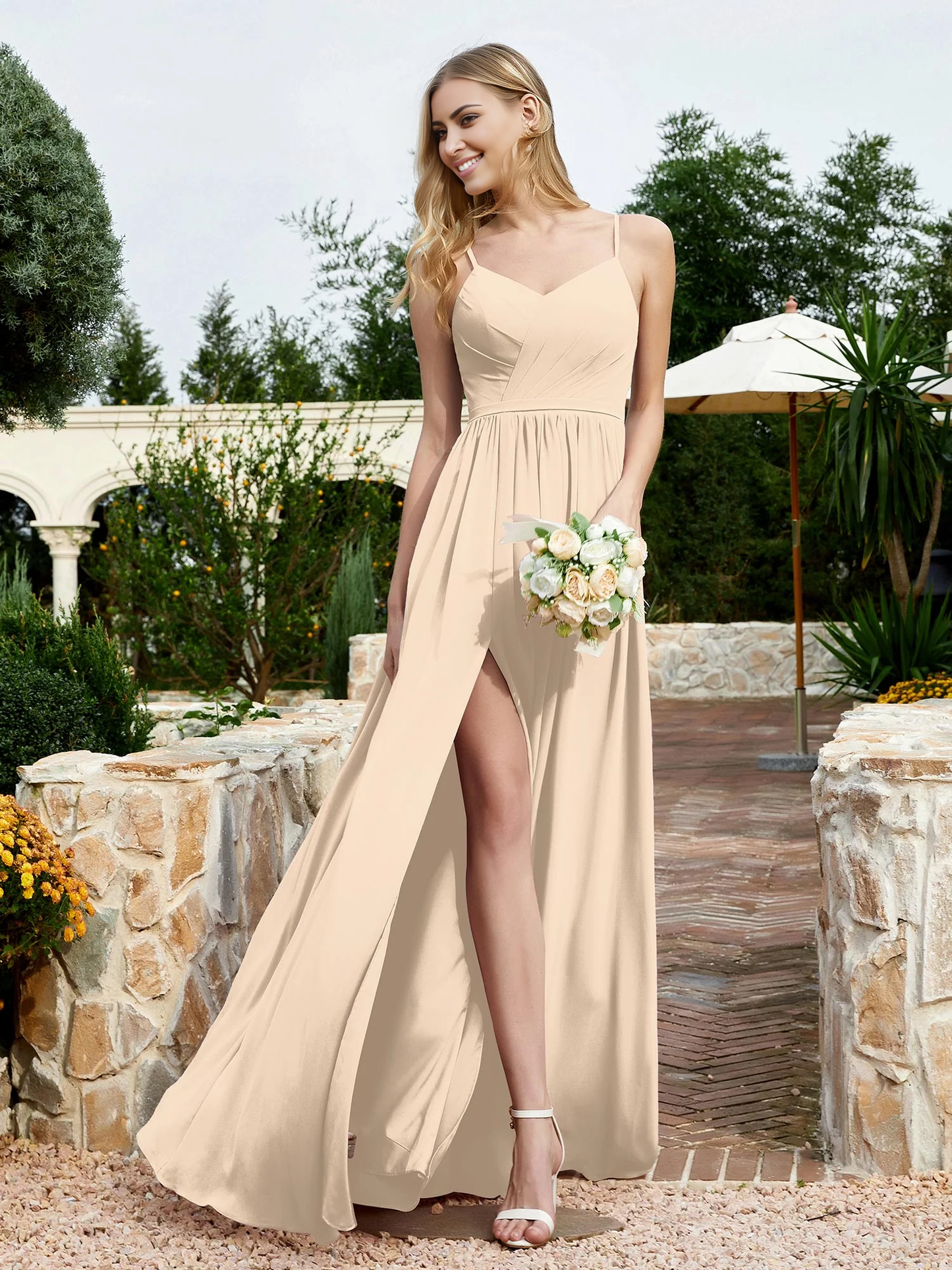 V-neck slim shoulder strap slit bridesmaid dress