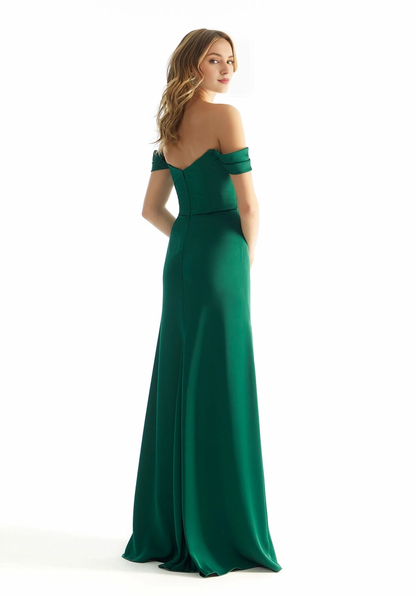 A-line off shoulder satin heart-shaped neckline pleated and floor length dress