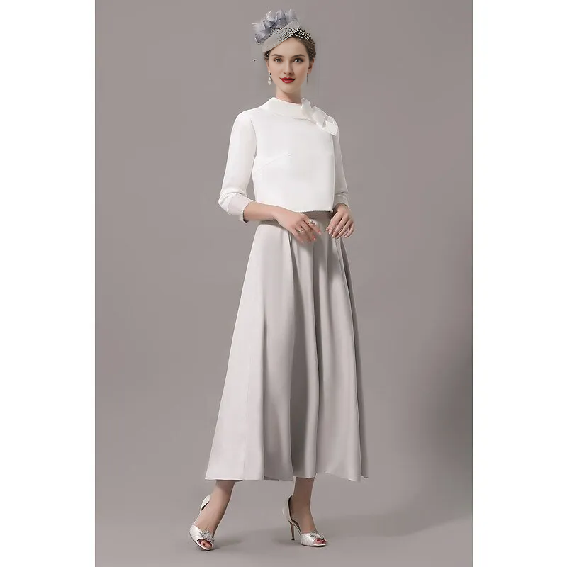 Two Piece Mother of the Bride Dress Wedding Guest Church Elegant Jewel Neck Ankle Length Stretch Satin 3/4 Length Sleeve Short Jacket Dresses with Bow(s)