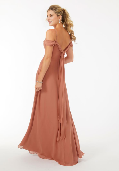 Thin shoulder strap V-neck with exposed back strap and floor length dress