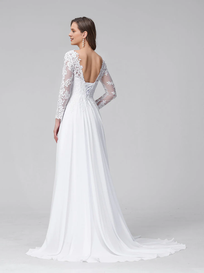 A-line V-neck long sleeved lace applique long chiffon wedding dress