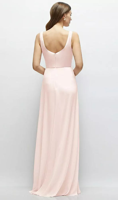 Round skirt square neck chiffon extra long bridesmaid dress