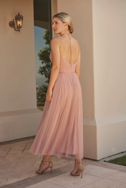 Chiffon A-line pleated suspender with ruffle edge neckline bridesmaid dress