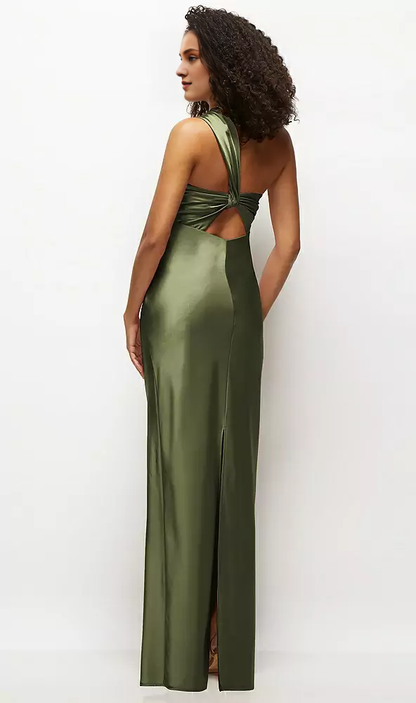 Satin twisted pattern strapless one shoulder twill extra long bridesmaid dress