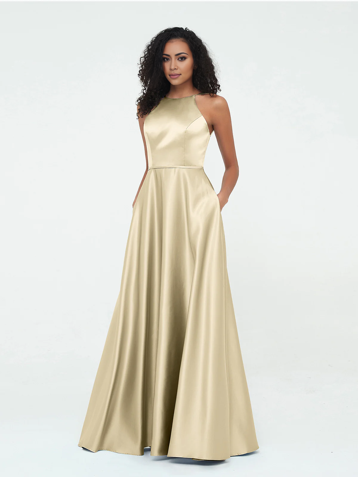 A-line hanging neck large pocket satin dress